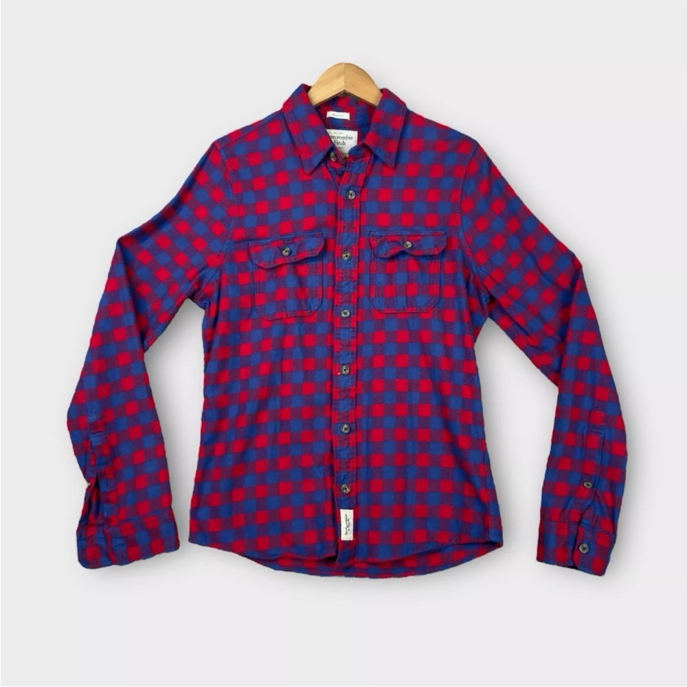 Abercrombie Fitch Muscle Flannel Plaid Shirt Mens Medium Long Sleeve Red Blue